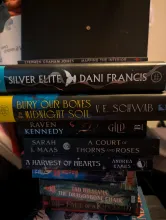 A photo of a stack of books with the spines facing the camera. The top books, from top to bottom, are Mapping the Interior by Stephen Graham Jones, Silver Elite by Dani Francis, Bury Our Bones in the Midnight Soil by V. E. Schwab, Gild by Raven Kennedy, A Court of Thorns and Roses by Sarah J. Maas, and A Harvest of Hearts by Andrea Eames.
